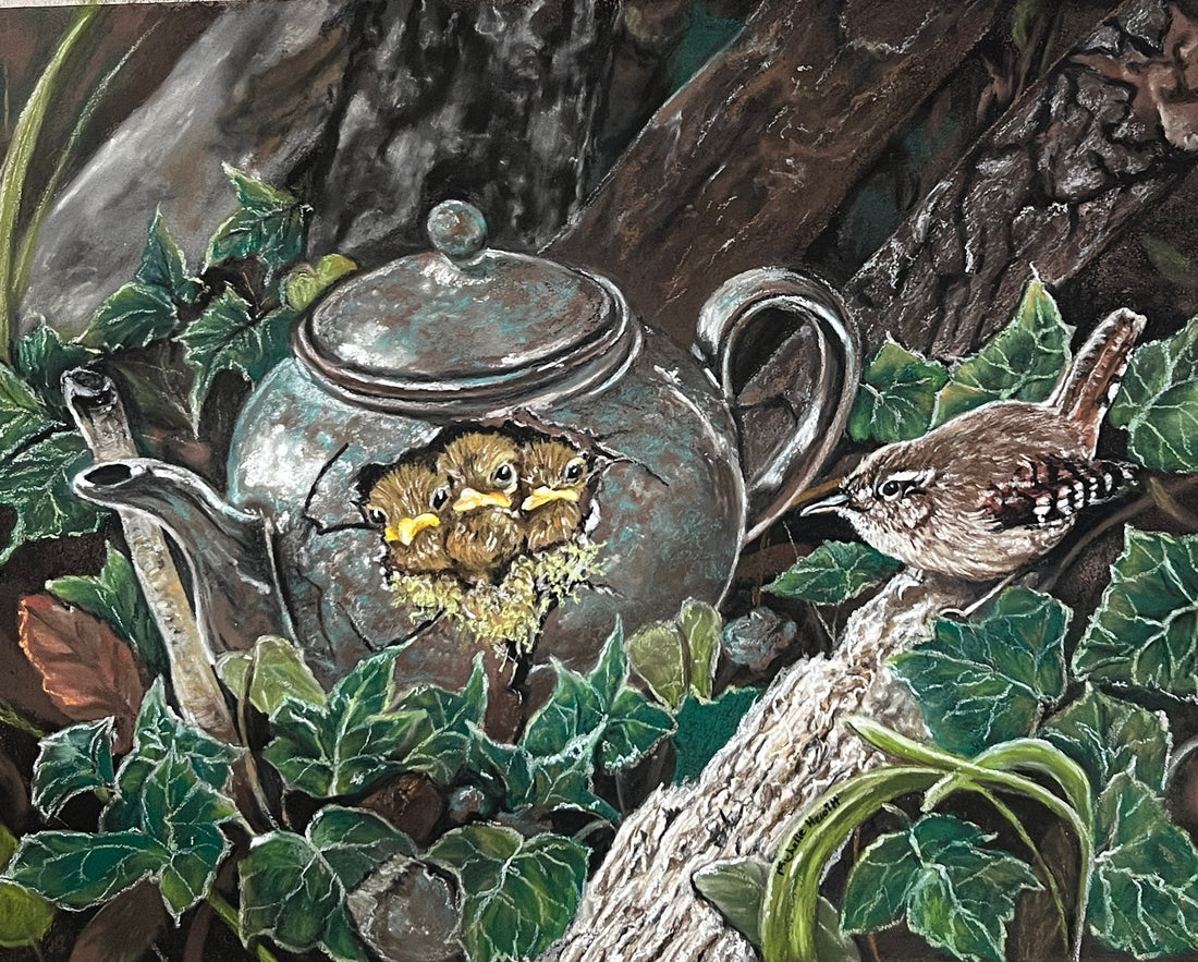 a wren nesting in a teapot with 3 chicks