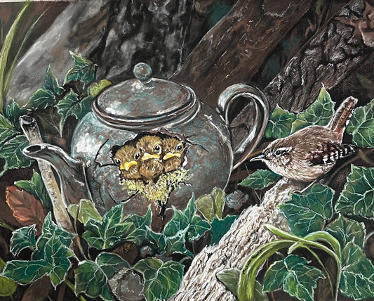 a wren nesting in a teapot with 3 chicks